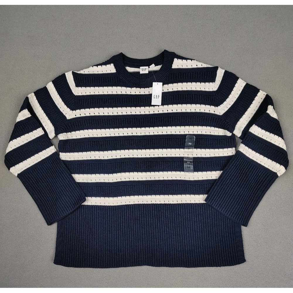 New GAP Sweater Women XS Small 20x24 Oversized Navy White Loose Knit Crewneck